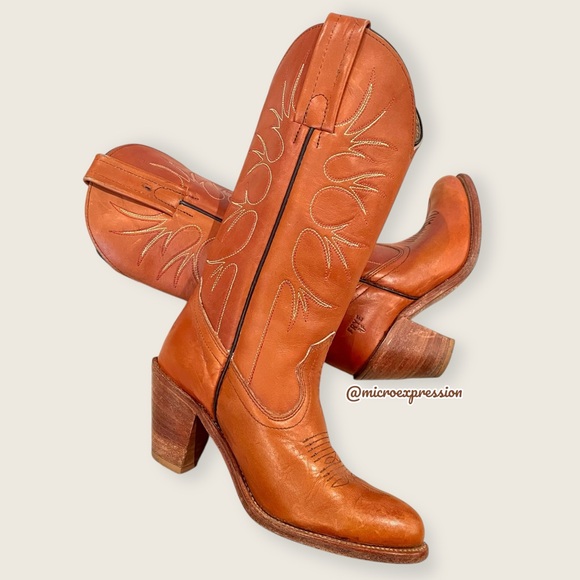 1980 VINTAGE Frye Leather Cognac Tree Art Embroidered Cowboy Heeled Western Boot